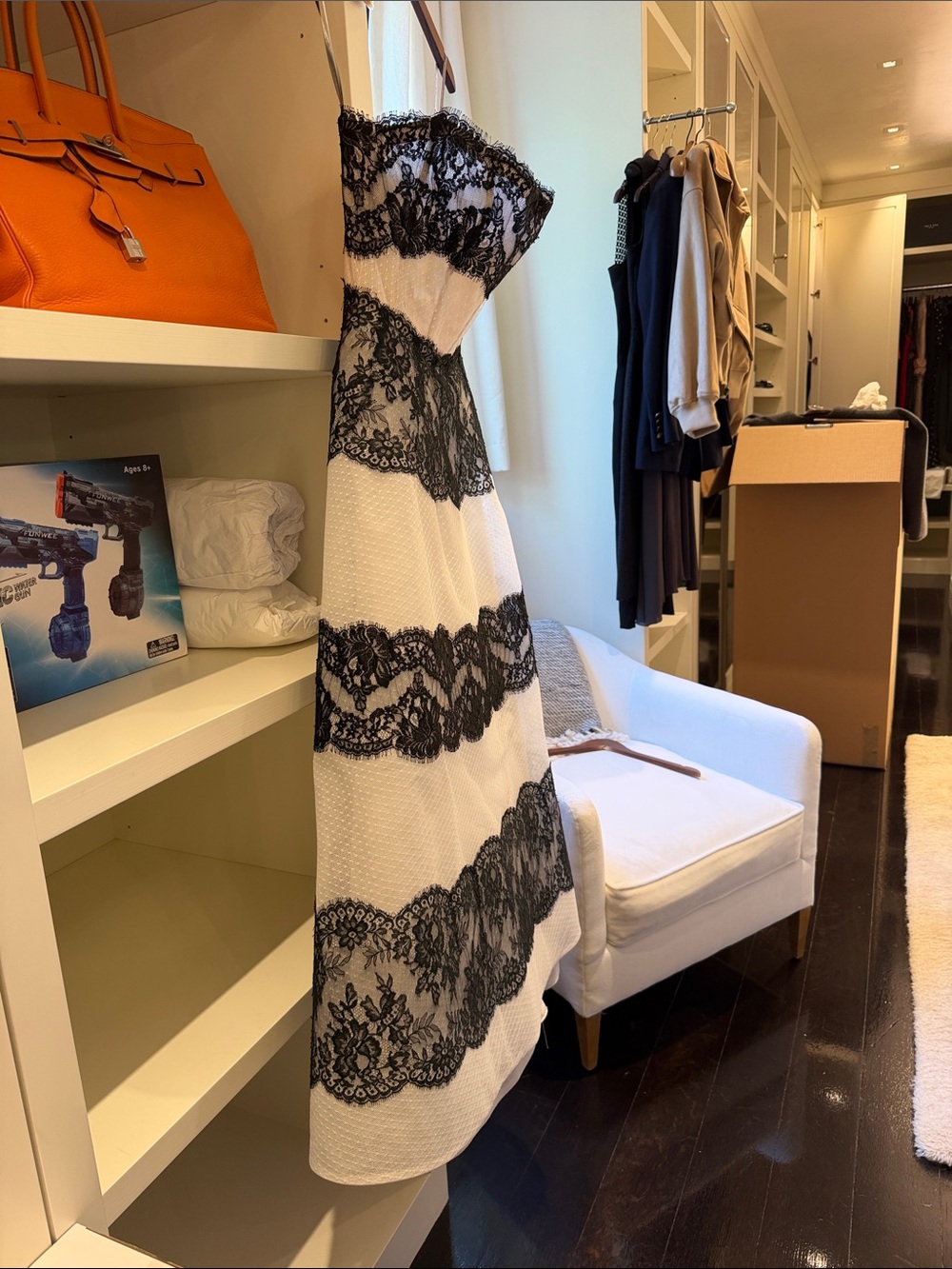 Monique Lhuillier White and Black Strapless Lace Gown